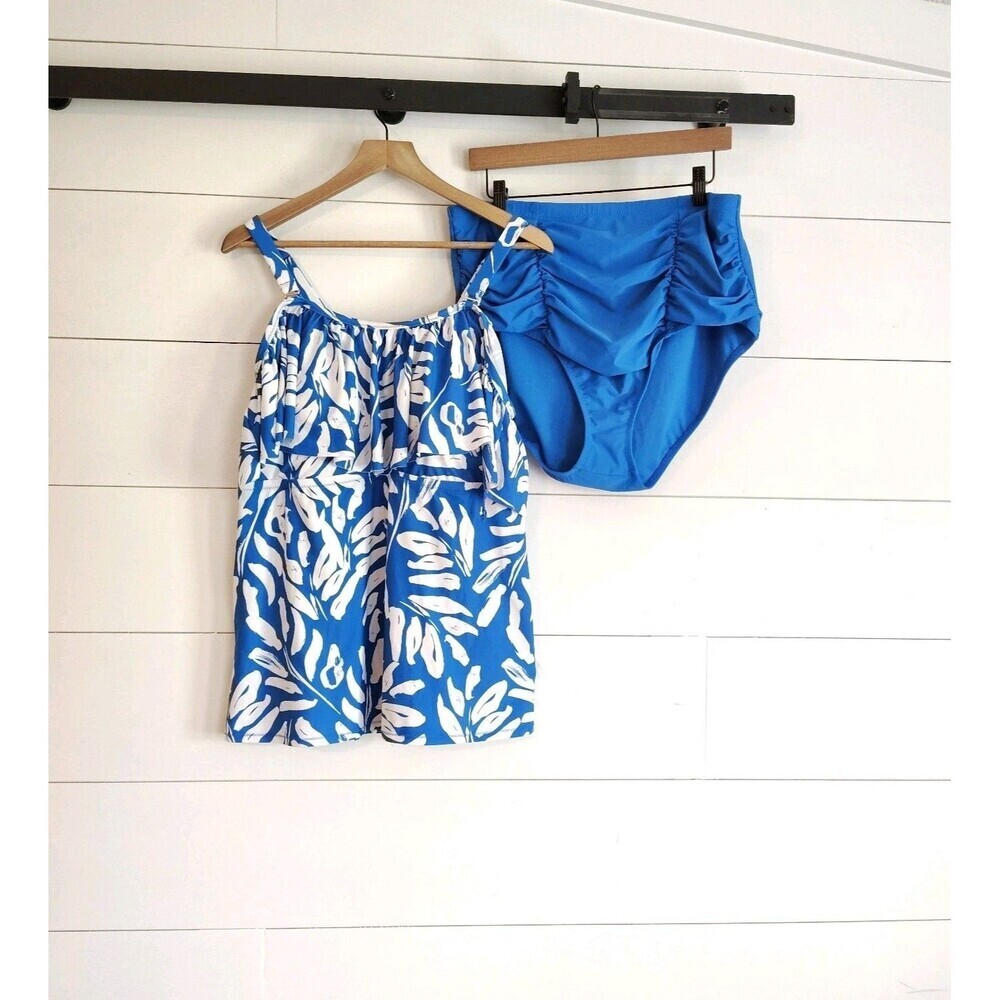 Womens Plus Size Tankini 24W Top 22W Bottom Blue Tropical Ruched Resortwear